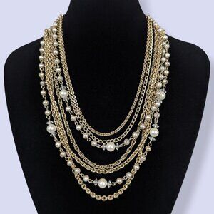 V. 7-Strand Chain & Faux Pearl Statement Necklace